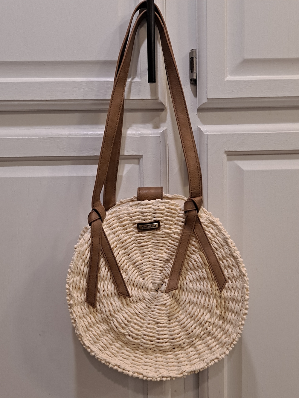 Sun And Sand Round Woven Natural Seagrass Crossbody Bag with Brown Trim & Straps